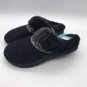 Isotoner Signature Chevron Women's House Slippers Black Faux Fur Lined
